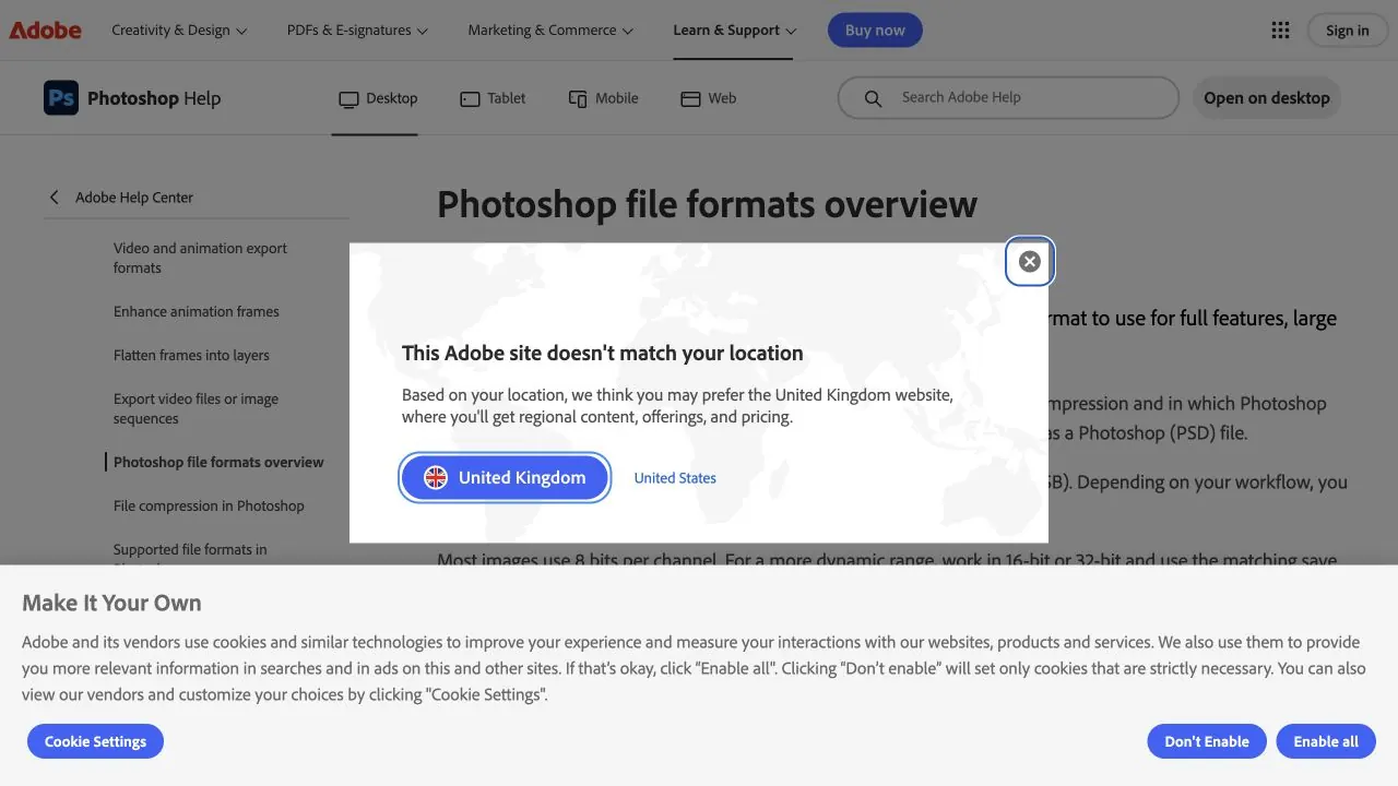 Скриншот справки Adobe о формате PSD