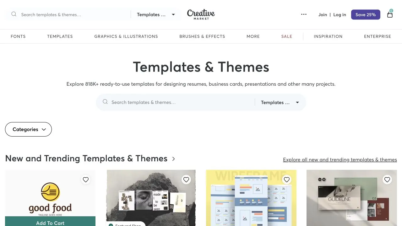 Скриншот каталога шаблонов Creative Market